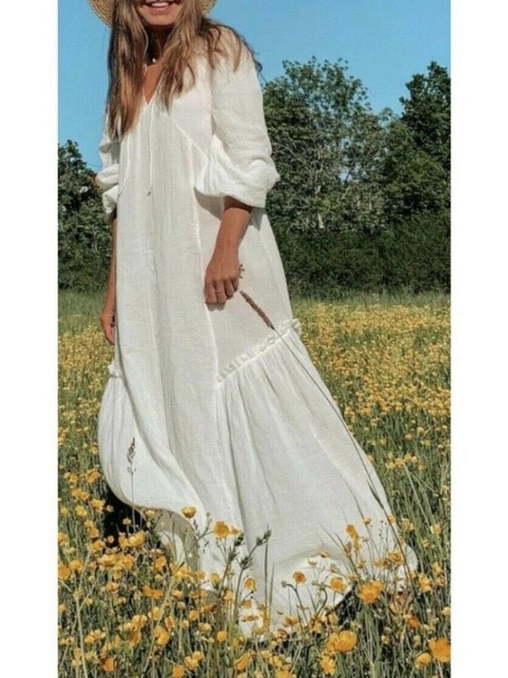 H&M Long Kaftan Dress Cotton Boho Dress White Size L - Picture 4 of 16